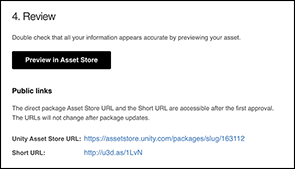 Review セクションには Asset Store でパッケージドラフトをプレビューするボタンが表示されます