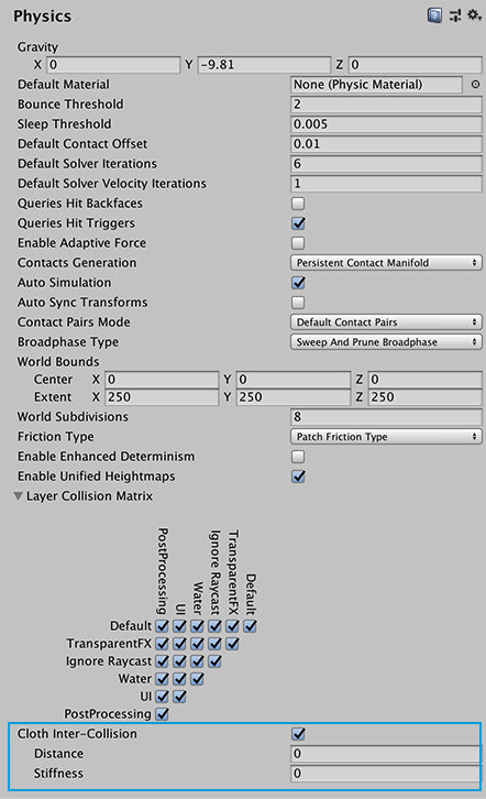 Physics 設定でインターコリジョンの動作を有効にします