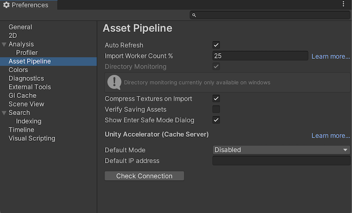 Asset Pipeline scope on the Preferences window