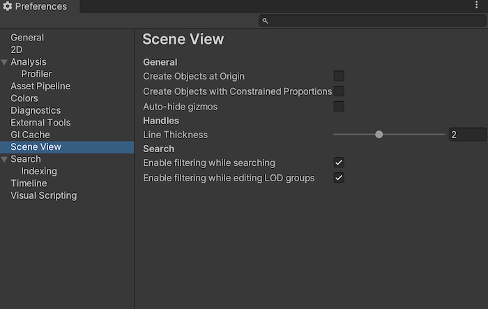 Scene view scope on the Preferences window