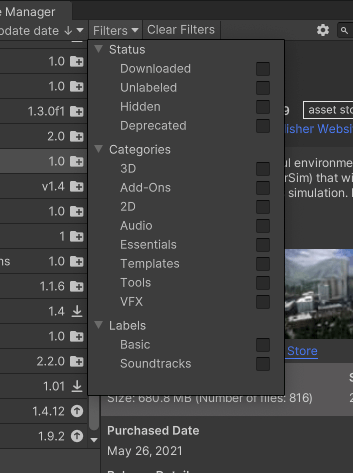 Asset Store パッケージのフィルター
