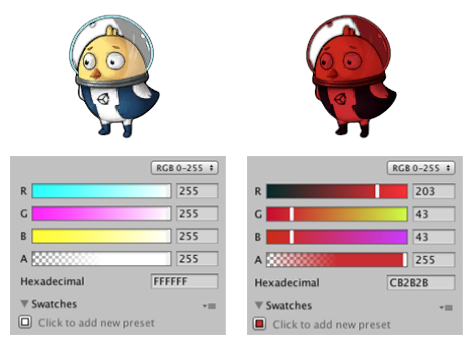 左: 元のスプライト。 右: RGB カラーを赤に設定したスプライト。