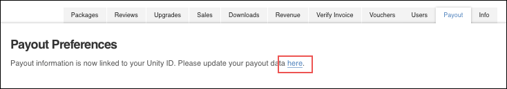 Unity ID に移動するには Payout ページのリンクをクリック