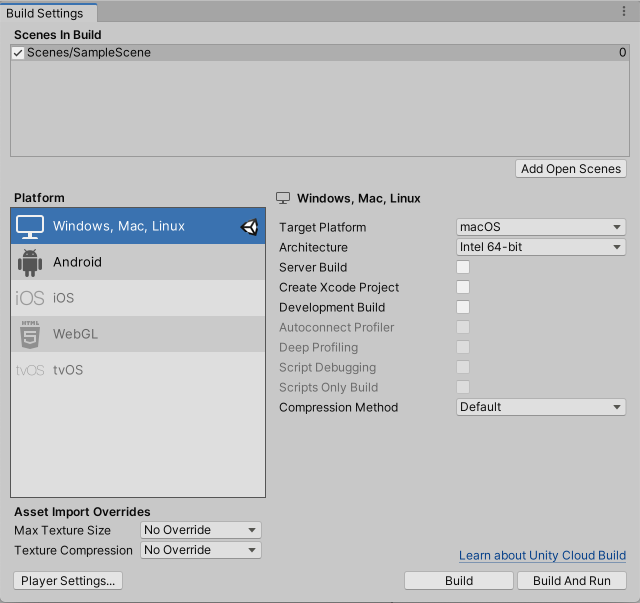 Build Settings window with Windows, Mac, Linux selected as the target platform