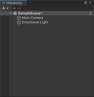 新しい Unity プロジェクトを開いたときに表示されるデフォルトの Hierarchy ウィンドウ