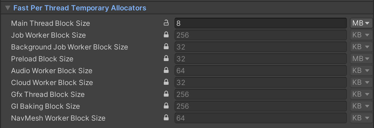 Fast Per Thread Temporary Allocators の Main Thread Block Size のカスタム値