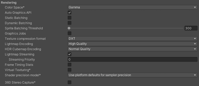 WebGL プラットフォームの Rendering Player 設定