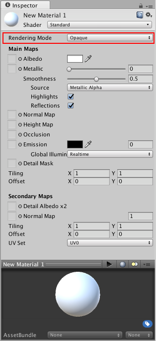 A Standard Shader material with default Properties and no values or textures assigned. The Rendering Mode Property is highlighted.