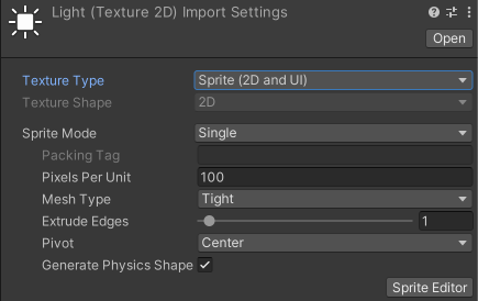 アセットのインスペクターで、Texture Type を Sprite (2D and UI) に設定