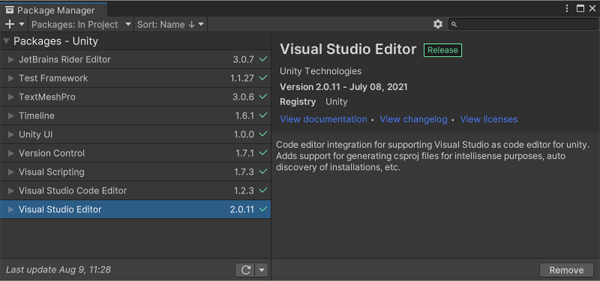 Package Manager ウィンドウに表示された Visual Studio Editor