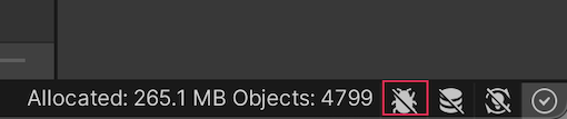 Unity エディターのステータスバーの右下にあるデバッグボタン