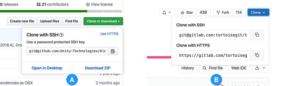 Where to copy the URL on GitHub (A) and GitLab (B)