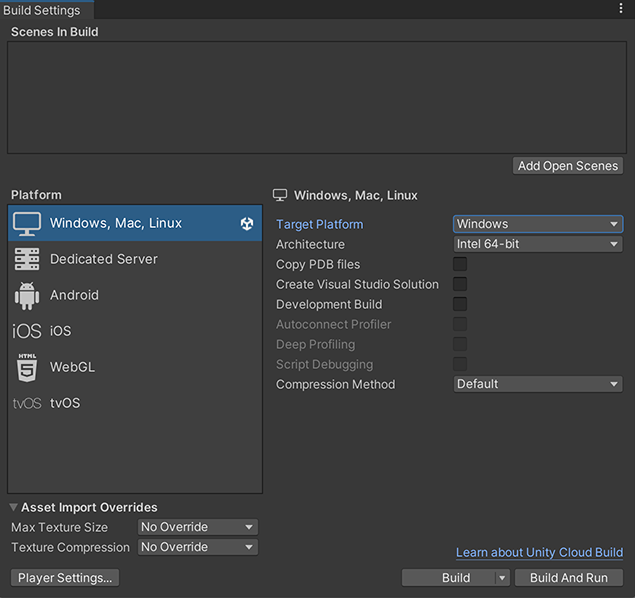 The build settings windows with Windows set as the target platform