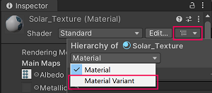 Material Hierarchy からマテリアルバリアントを作成するドロップダウン