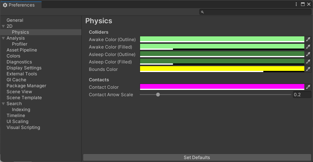 The 2D Physics Preferences window.