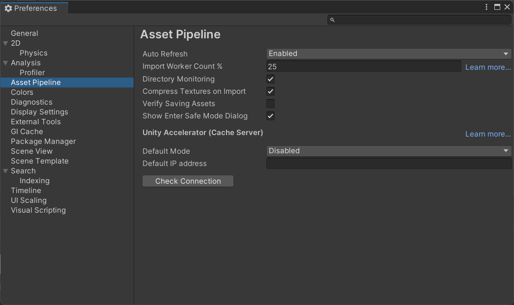 Asset Pipeline scope on the Preferences window