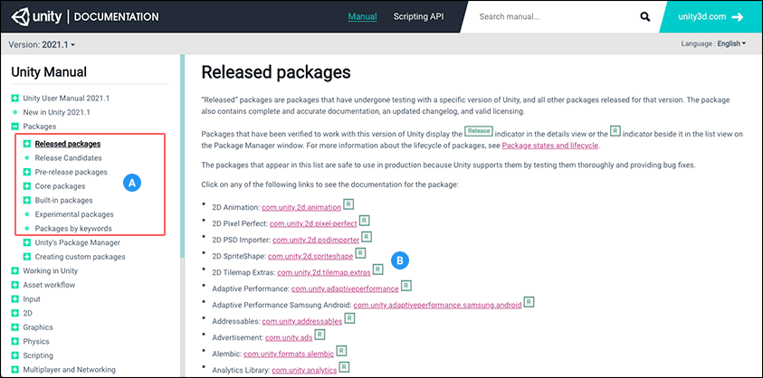 マニュアルが用意されている Unity Package のリスト