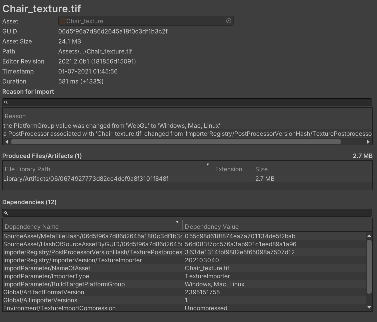 テクスチャアセットに関連する情報を表示する Asset 情報パネル