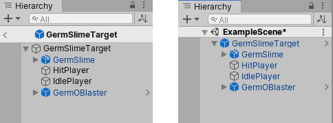 左: GermOBlaster プレハブがプレハブモードの GermSlimeTarget プレハブに含まれている (ネストされている)。右: GermOBlaster を含むシーン内の GermSlimeTarget プレハブインスタンス