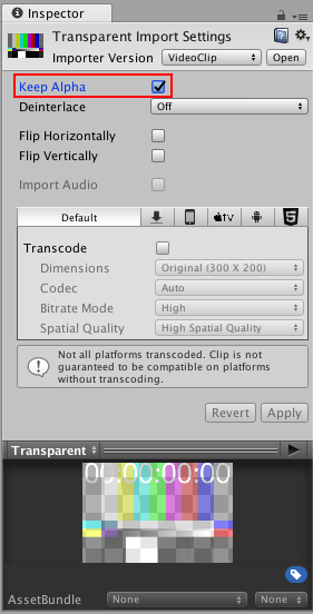 Inspector, に表示されたビデオクリップアセット。 Keep Alpha オプション (赤でハイライト) が有効