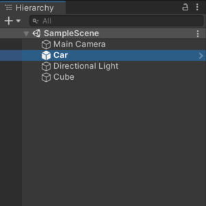 この画像では、Hierarchy ウィンドウ内のゲームオブジェクトがデフォルトの親として設定されていません。ユーザーが Car ゲームオブジェクトをシーンビューにドラッグすると、Unity はそれを階層の最上位に加えます。