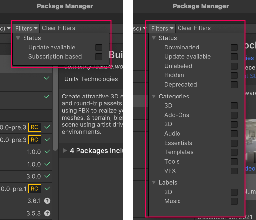 Unity Registry と In Project (左) と My Assets (右) のフィルターコントロール