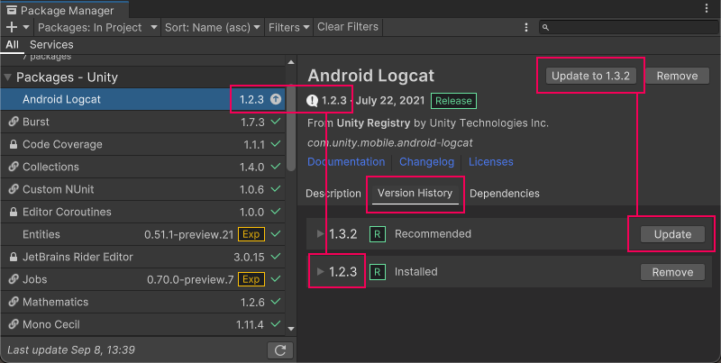 Version numbers for installed packages display in multiple places and the recommended version appears on the Update button