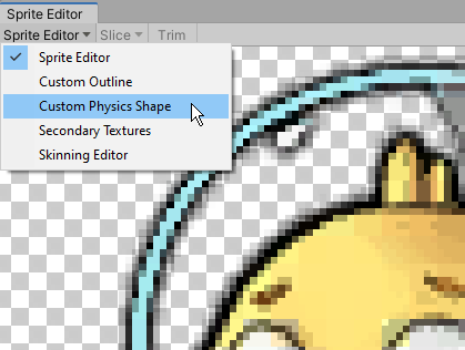 Sprite Editor のドロップダウンメニューから Custom Physics Shape を選択します。