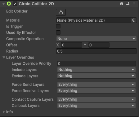 Circle Collider 2D component Inspector window properties.