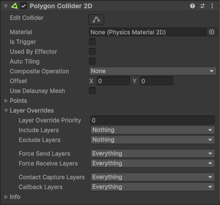 Polygon Collider 2D component Inspector window properties.
