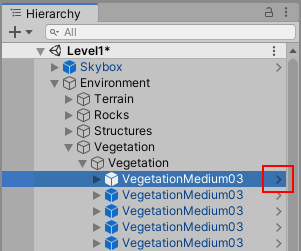 Hierarchy ウィンドウのプレハブの横にある矢印ボタン