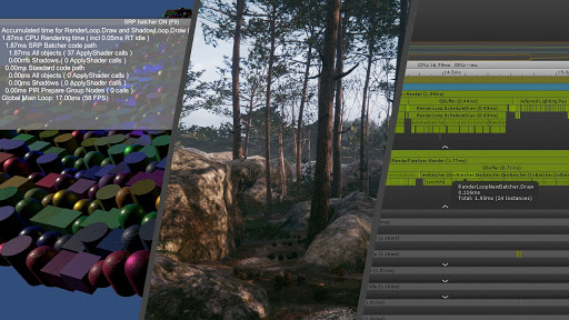 スクリプタブルレンダーパイプライン (SRP) バッチャーは、同じシェーダーバリアントを使用する多くのマテリアルを持つシーンのレンダリングに要する CPU 時間を短縮します。