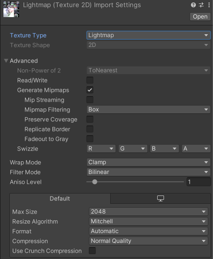 Lightmap の Texture Type プロパティ