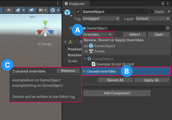 unused overrides パネルで、選択したプレハブの未使用のオーバーライドを 2 つ表示されています