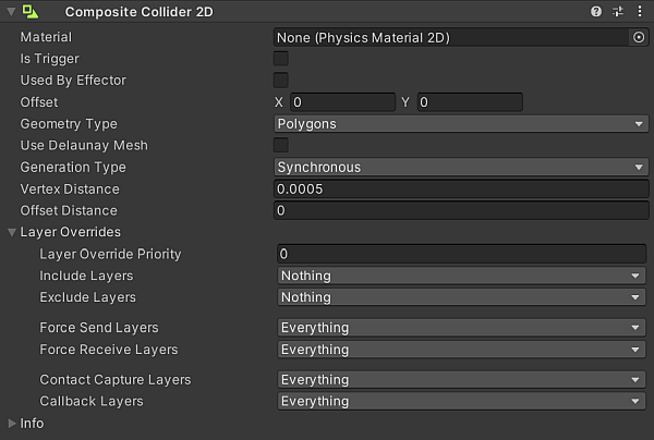 Composite Collider 2D component Inspector window properties.