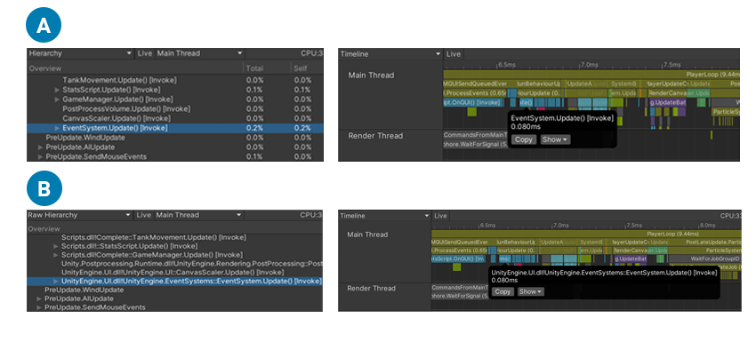 A: Hierarchy ビューと Timeline ビューのスクリプトメソッド。Show Full Scripting Method Names は無効。<br/> B: Hierarchy ビューと Timeline ビューのスクリプトメソッド。Show Full Scripting Method Names は有効。