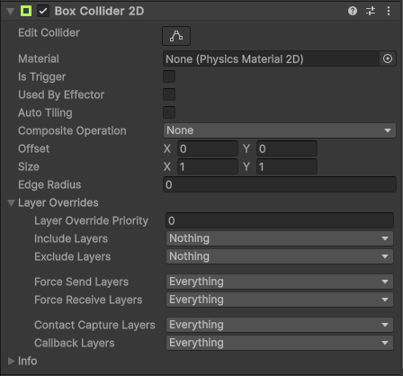Box Collider 2D component Inspector window properties.