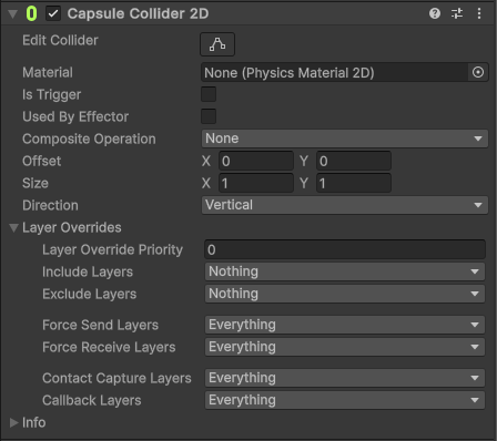 Capsule Collider 2D component Inspector window properties.
