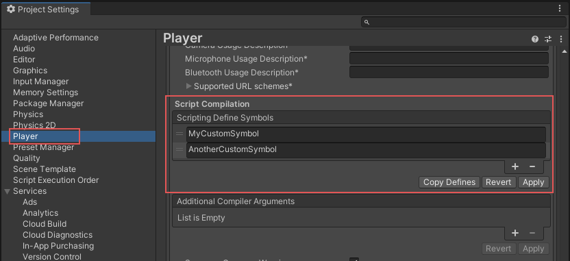 Project Settings ウィンドウの Scripting Define Symbols 設定。この例では、リストで定義された 2 つのカスタムシンボルを示しています。