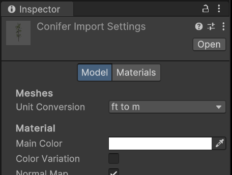 SpeedTree の Import Settings ウィンドウ