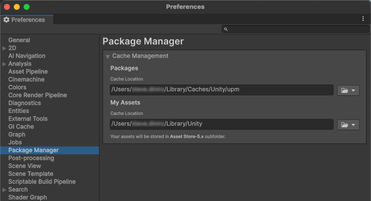 Package Manager カテゴリーが選択された Preferences ウィンドウ