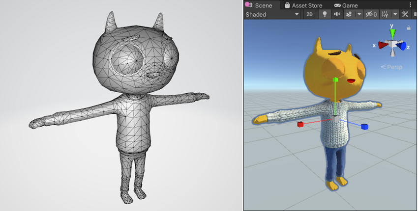 左：プレイヤーキャラクターの 3D ポリゴンメッシュ。右: マテリアルとともに Unity でレンダリングしたプレイヤーメッシュ