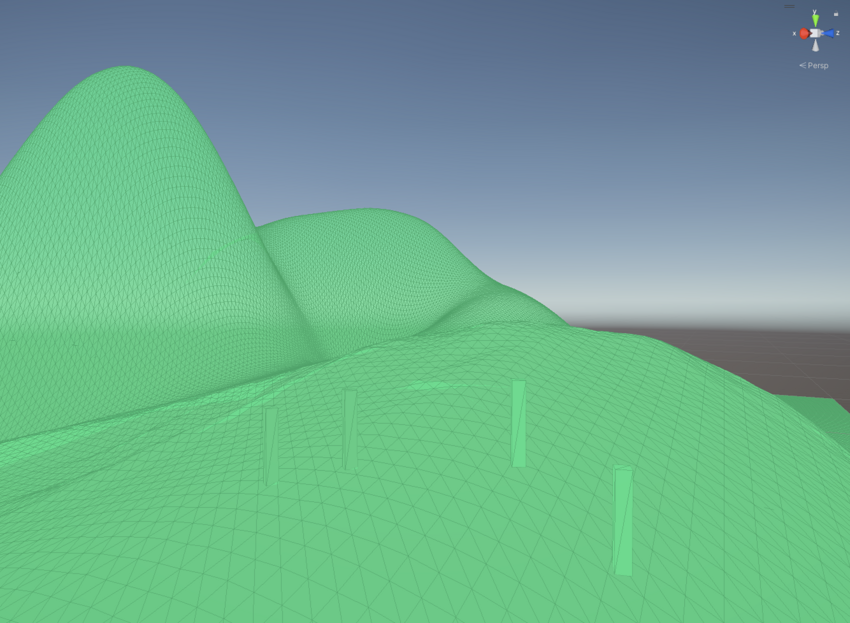 The collision geometry of the Terrain. Note the rectangular colliders around the bottom of each tree trunk. These are present because the original tree model Prefab contains a Box collider.