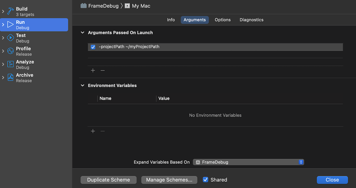 プロジェクトパスを表示する FrameDebug ウィンドウ