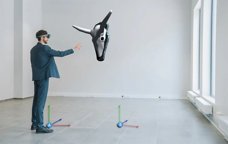 Man wearing MR headset reaches toward a virtual object