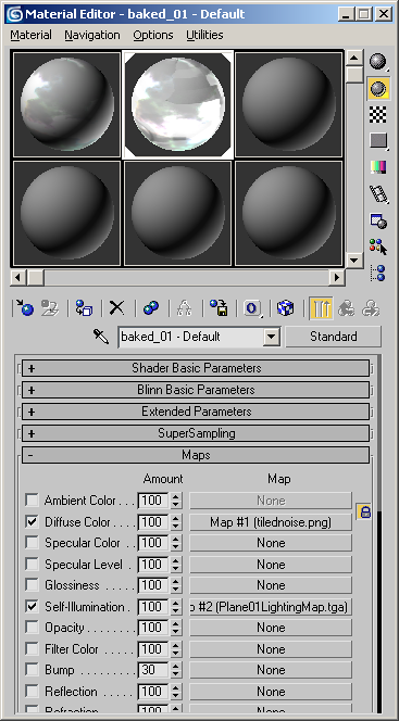 セルフ イルミネーション マップを使用した 3ds Max での Lightmapping に設定されたマテリアル