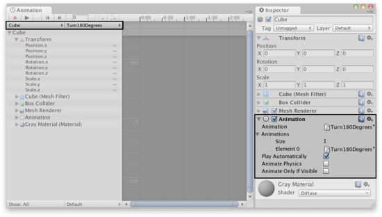 左の選択ボックスは,<span class="doc-keyword">Game Object</span>とアタッチされた<span class="doc-keyword">Animation Component</span>を表示し,右の選択ボックスは,編集している<span class="doc-keyword">Animation Clip</span>を表示します。