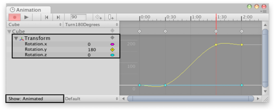 左下にあるトグルボタンを<span class="doc-menu">Show: Animated</span>にセットしてプロパティリストのなかで<span class="doc-keyword">Animation Curves</span>を持たないプロパティを隠します。
