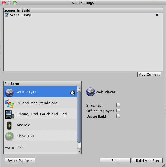 ターゲットのプラットフォームとして Web Playerを選択した Build Settings ウィンドウ