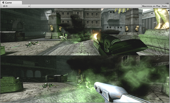 Normalized Viewport Rectangle」で作成された 2 プレイヤー用表示